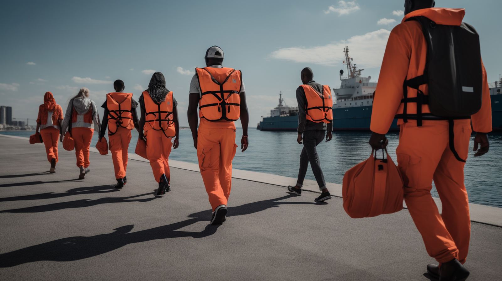 Crew members walking toward a docked vessel