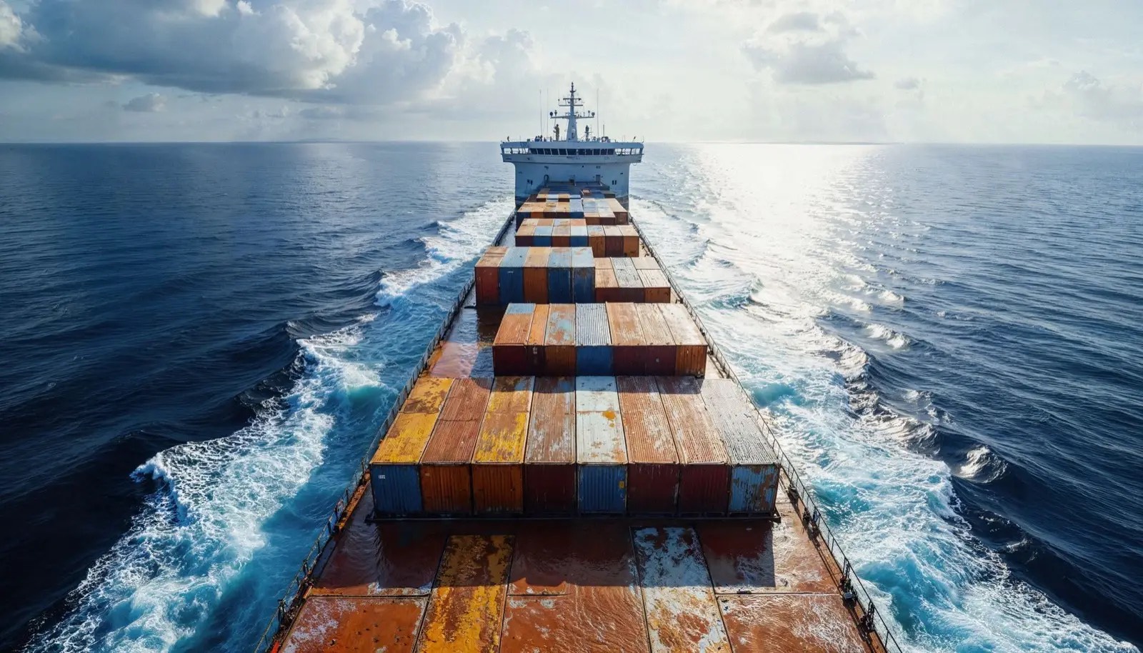 Aerial view of a container ship at sea