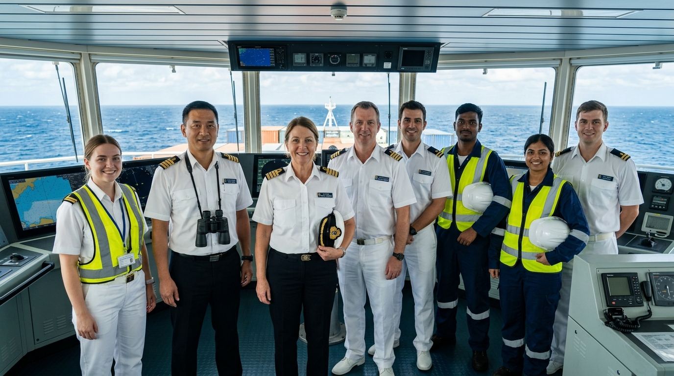 SF Shipping Services officer and crew team on the bridge